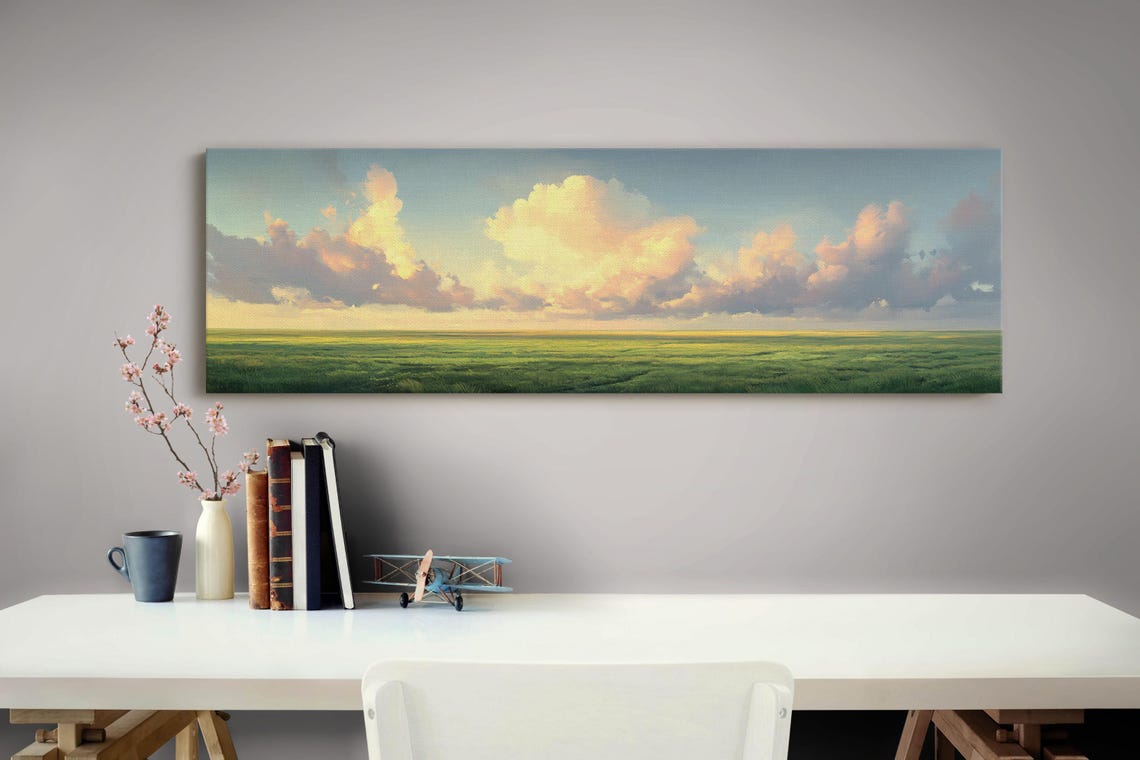 Expansive Cloudscape Green Fields Pastel Sunset Sky Serene Poster - Image 3