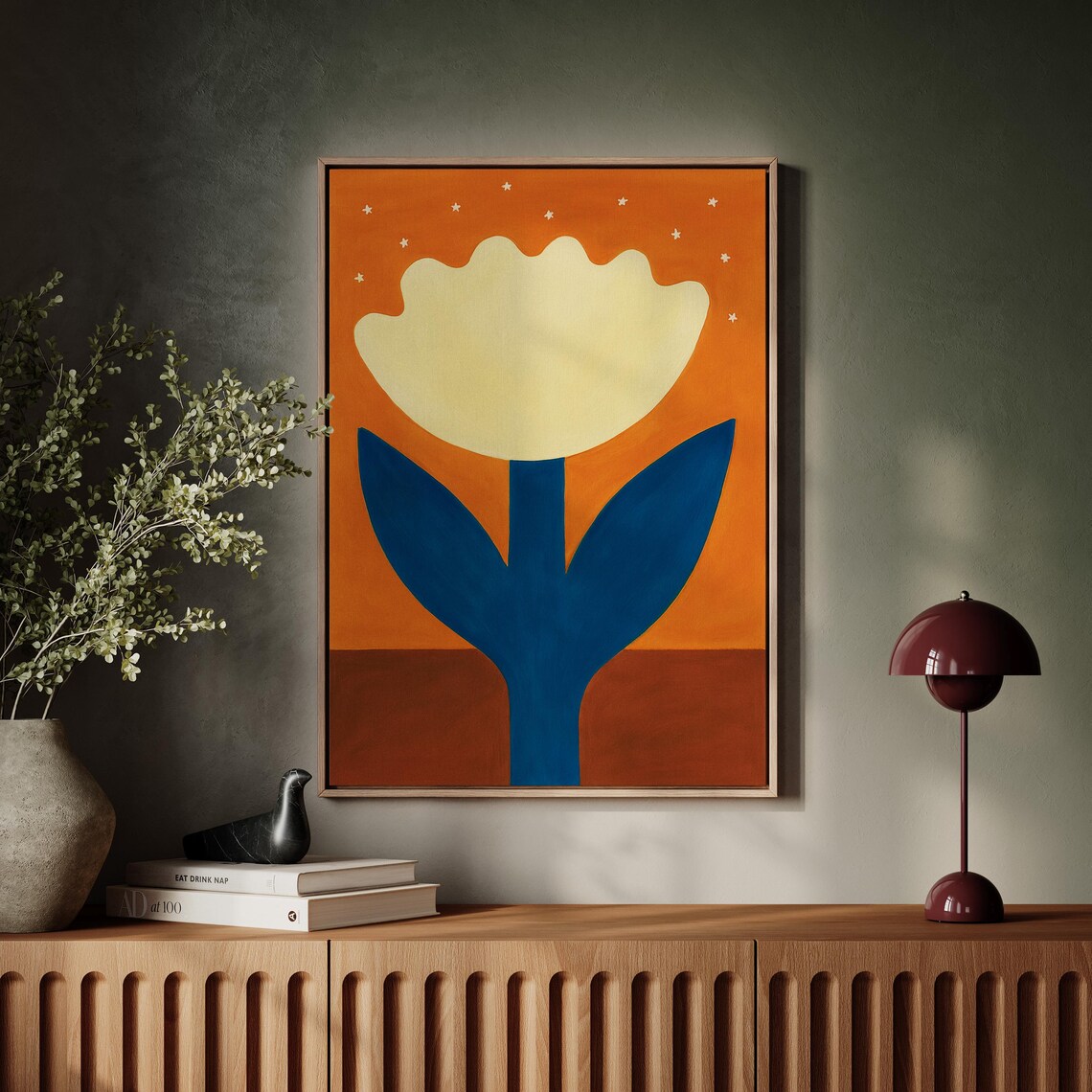 Golden Flower Under Stars Orange Minimalist Floral Art Poster