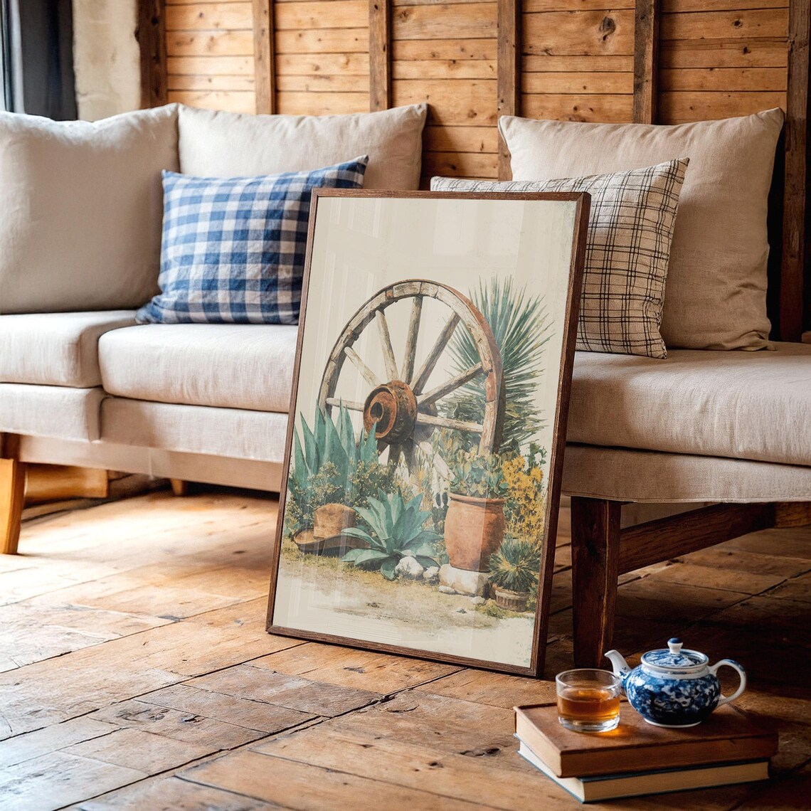 Rustic Wagon Wheel With Agave Desert Western Vintage Art Poster