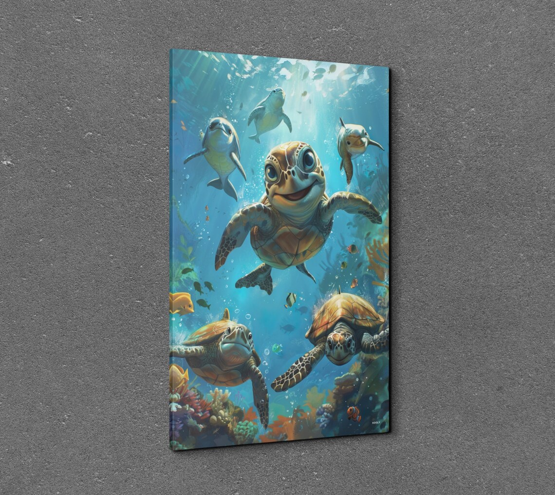 Animated Style Turtles Dolphins Sea Decor Portrait - Image 7