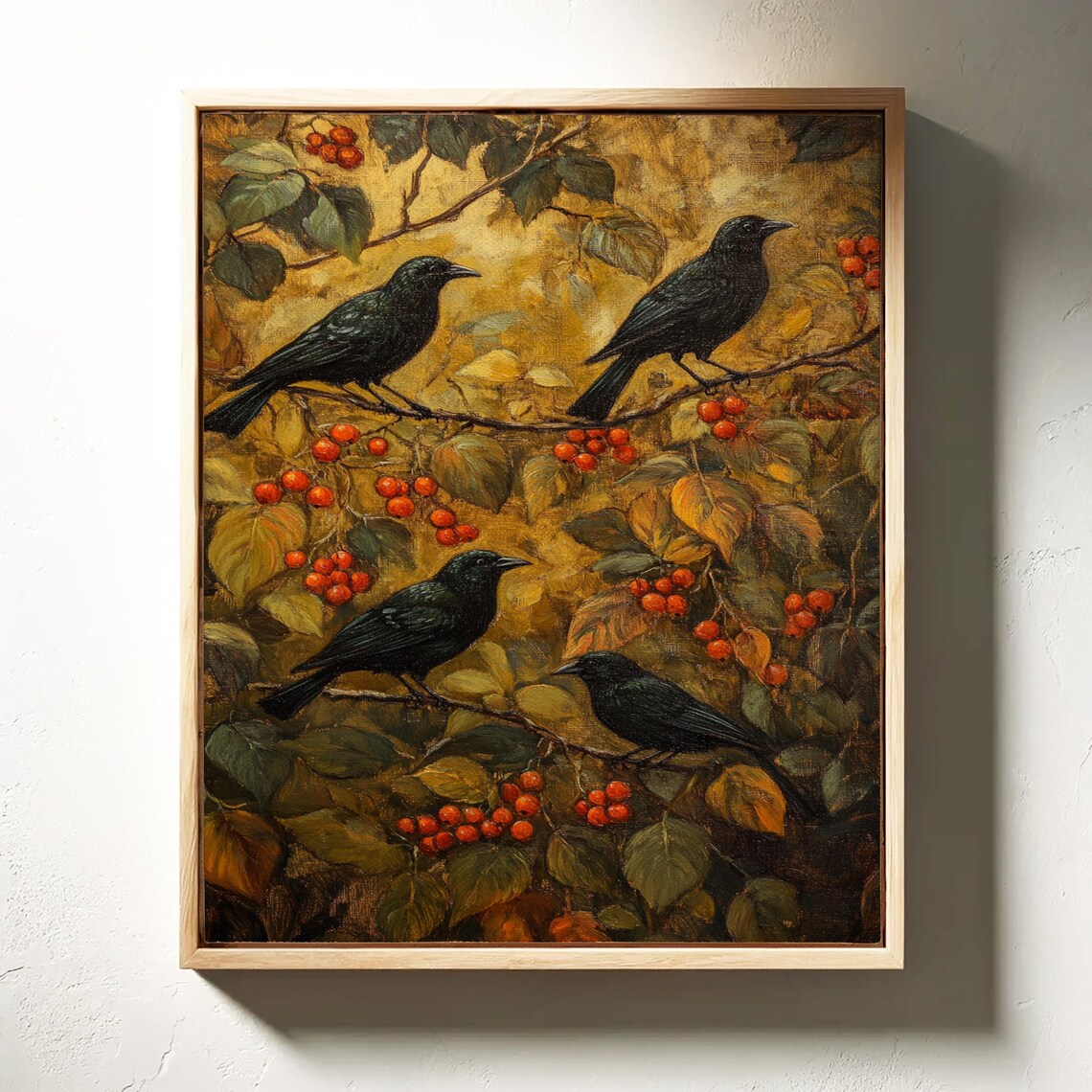Blackbirds Among Golden Foliage and Red Berries Moody Autumn Wildlife Poster - Image 3