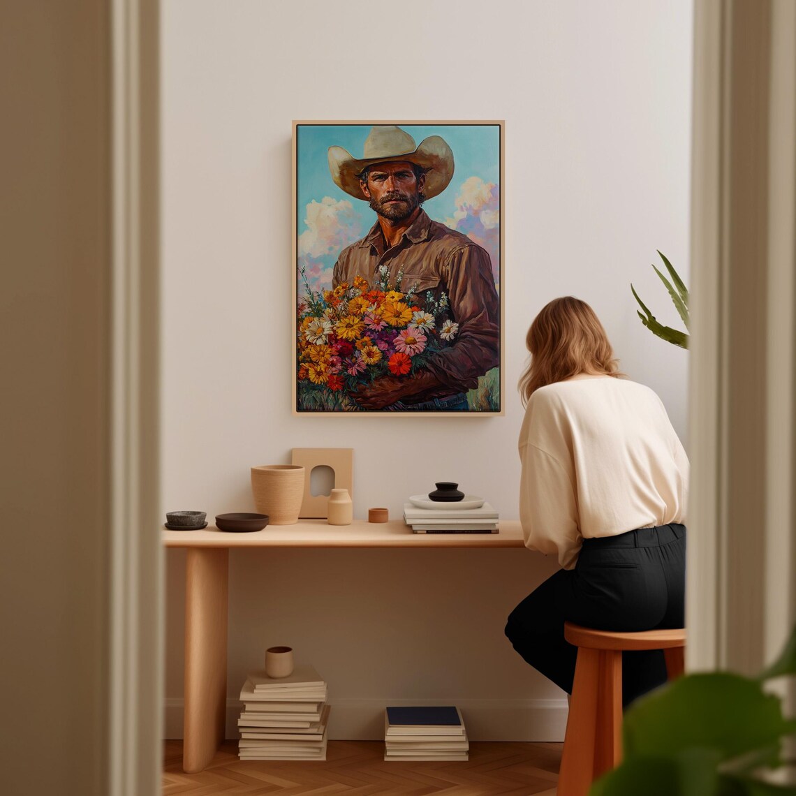 Rugged Cowboy Holding Wildflower Bouquet Western Style Poster - Image 5