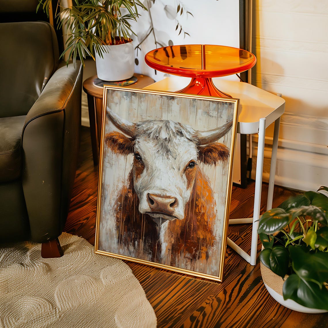 Texas Longhorn Cow Portrait Rustic Farmhouse Oil Style Poster