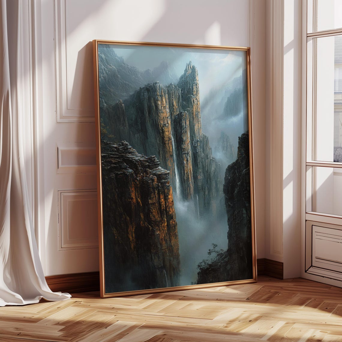 Dramatic Mountain Peaks In Mist With Waterfall Cascading Through Rugged Cliffs Majestic Landscape Oil Painting