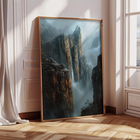 Dramatic Mountain Peaks In Mist With Waterfall Cascading Through Rugged Cliffs Majestic Landscape Oil Painting