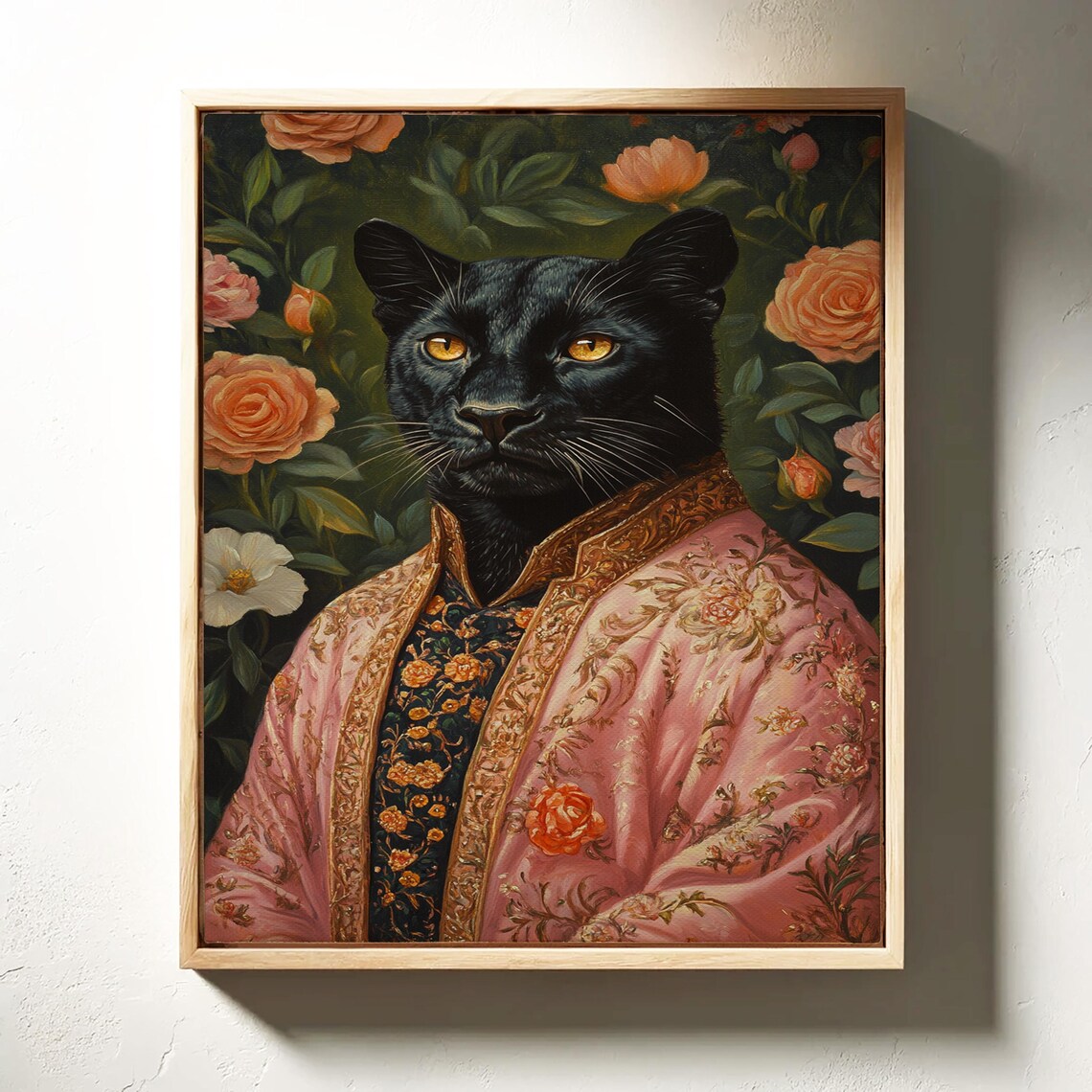 Elegant Black Panther Portrait Ornate Pink Robe Rose Floral Poster - Image 6