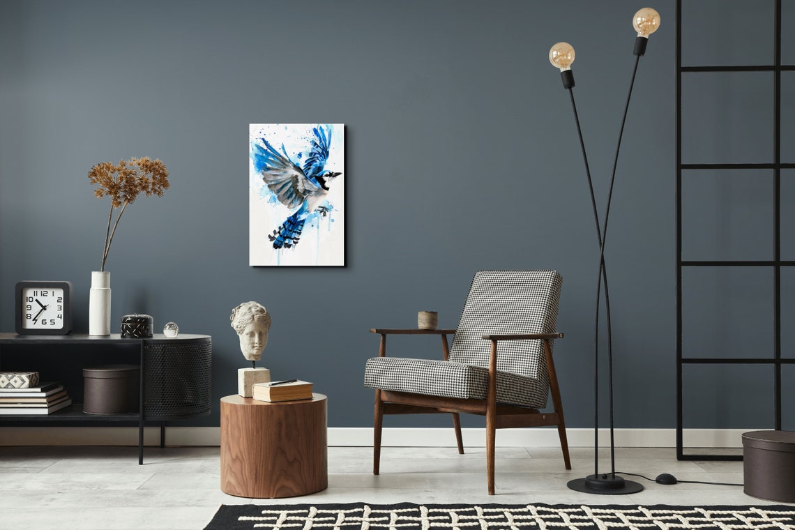 Blue Jay Soaring With Wings Spread Watercolor Paint Splatter Poster - Image 3