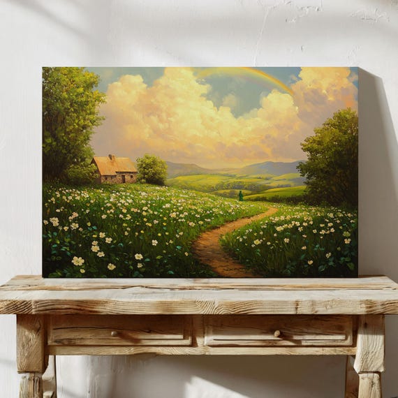 Scenic Irish Countryside Cottage Rainbow, Landscape Art