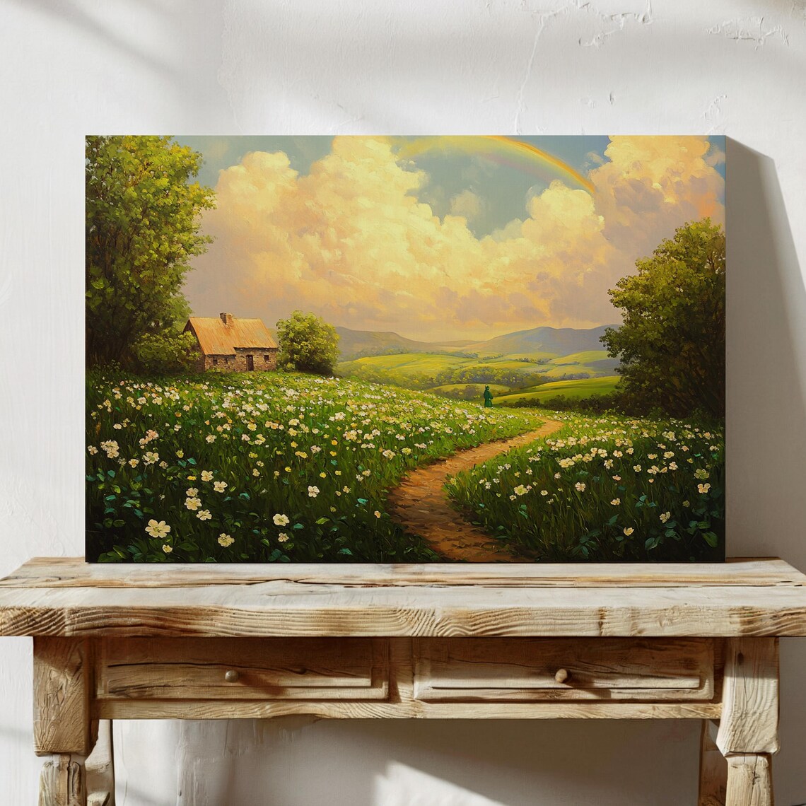 Scenic Irish Countryside Cottage Rainbow, Landscape Art