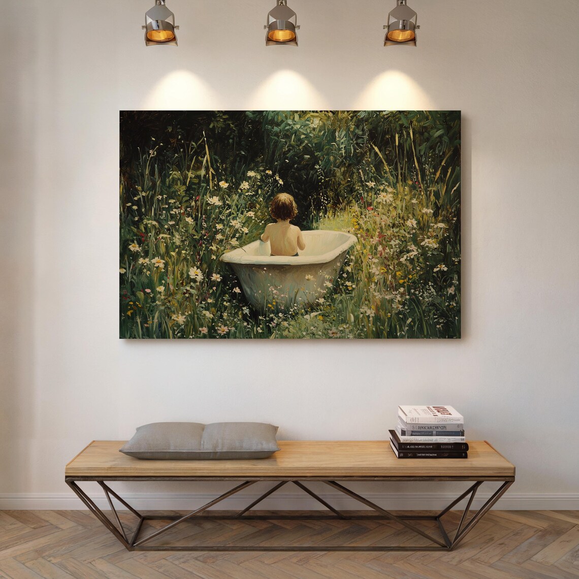 Child Bathtub Garden Wildflowers Whimsical Vintage Nature Art Poster - Image 5