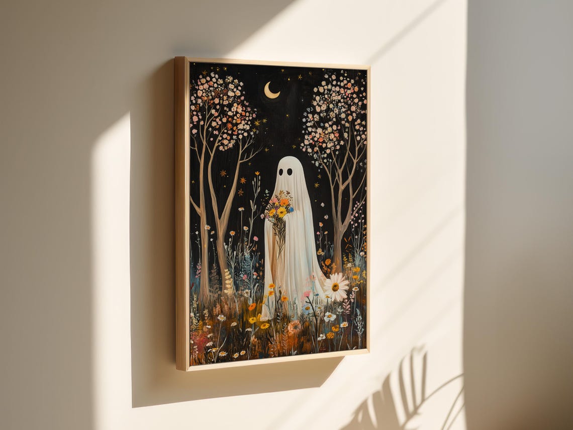 Ghost Holding Wildflower Bouquet Under Crescent Moon Night Wall Art - Image 2