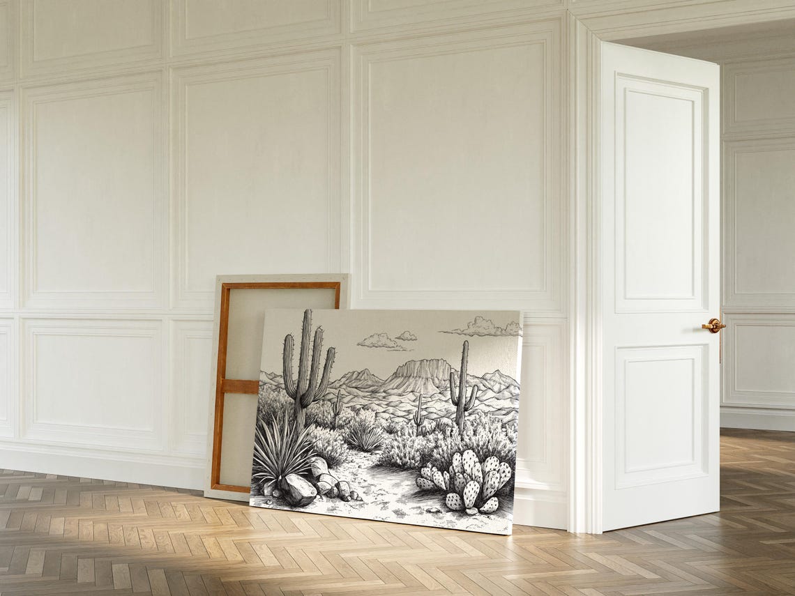 Monochrome Desert Cactus Ink Sketch Southwest Landscape Wall Poster - Image 3