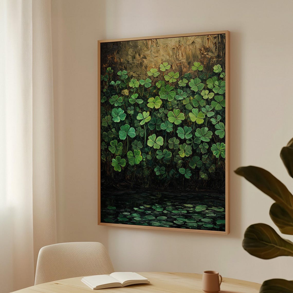 Dense Green Clover Field Above Dark Water Moody Botanical Wall Art - Image 3