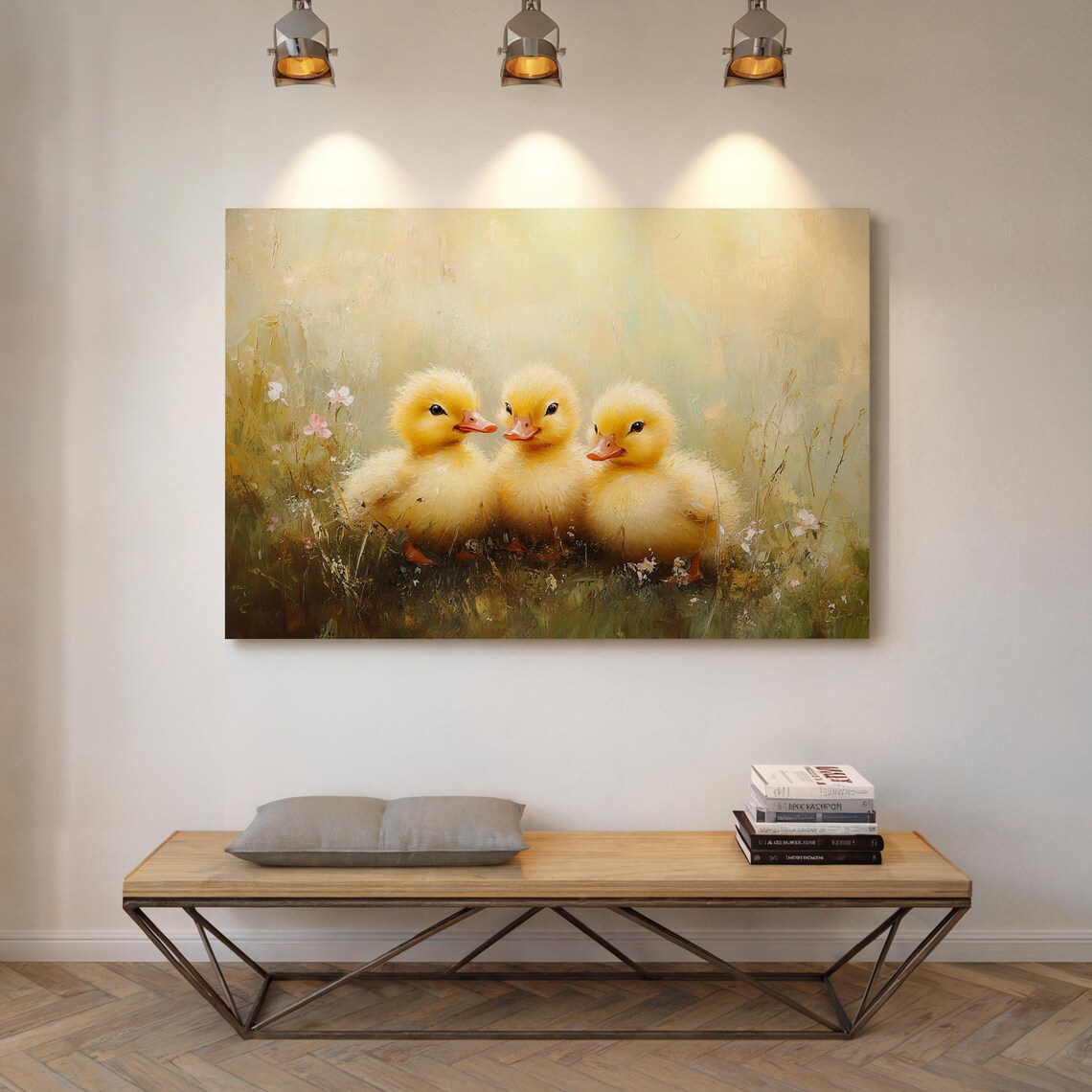 Three Fluffy Yellow Ducklings In Blooming Meadow Oil Painting Poster - Image 3