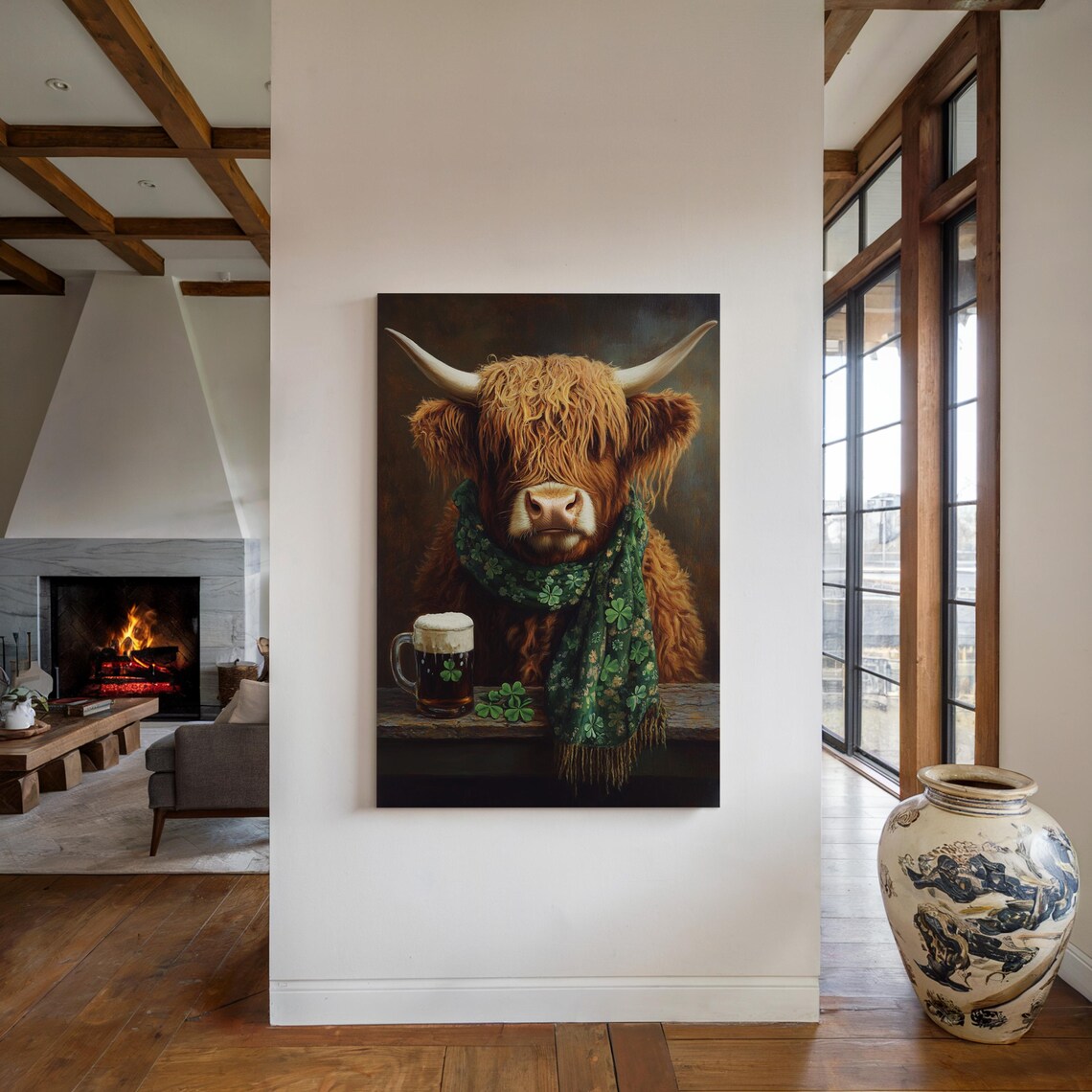 Highland Cow With Shamrock Scarf and Beer Mug Irish Fun Poster - Image 3