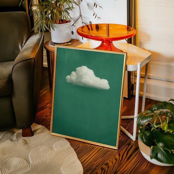 Minimalist Cloud Canvas Art Single White Puffy On Green Sky Background Tranquil Modern Wall Decor For Calm Neutral Interiors