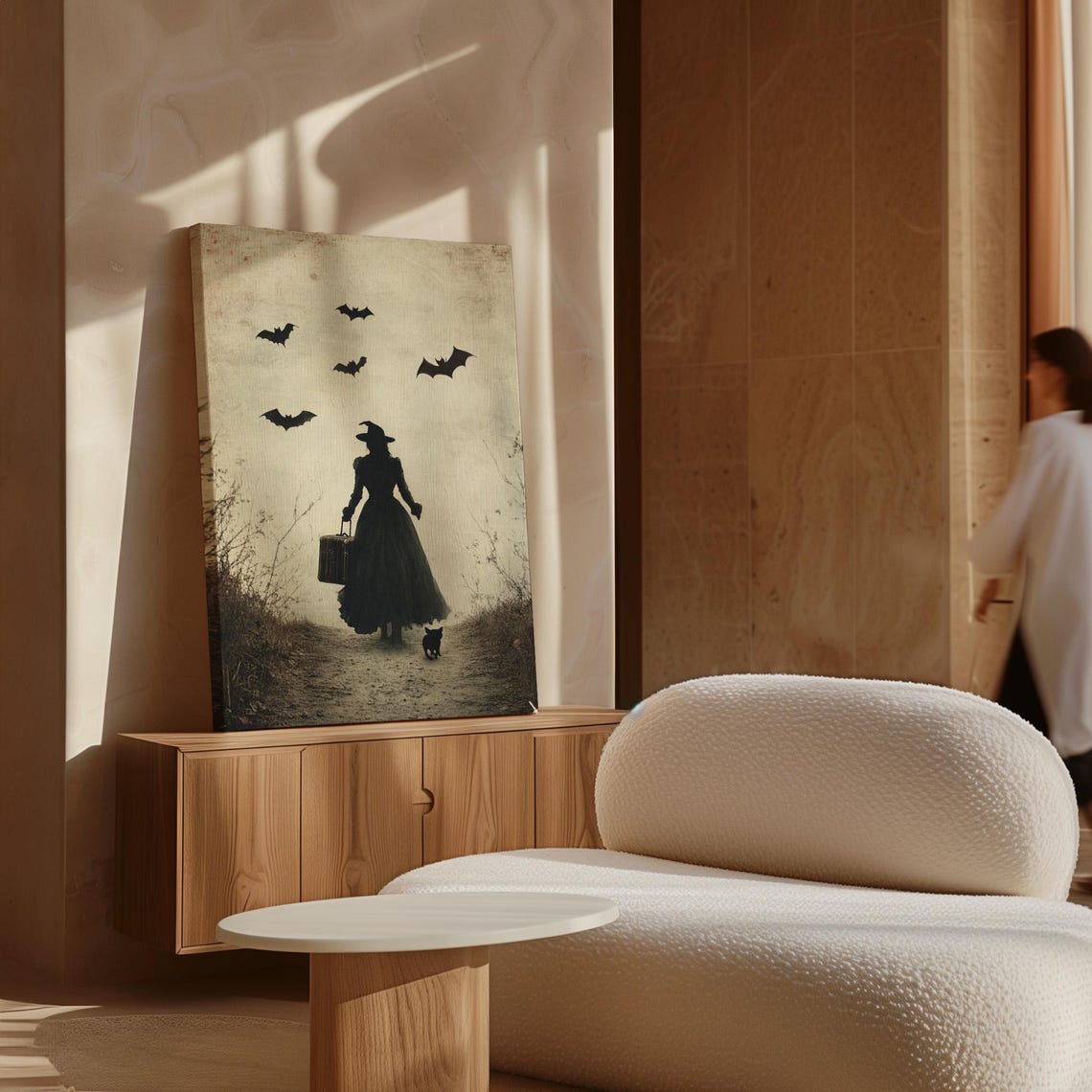 Vintage Witch Silhouette With Suitcase Black Cat Bats Halloween Poster - Image 4
