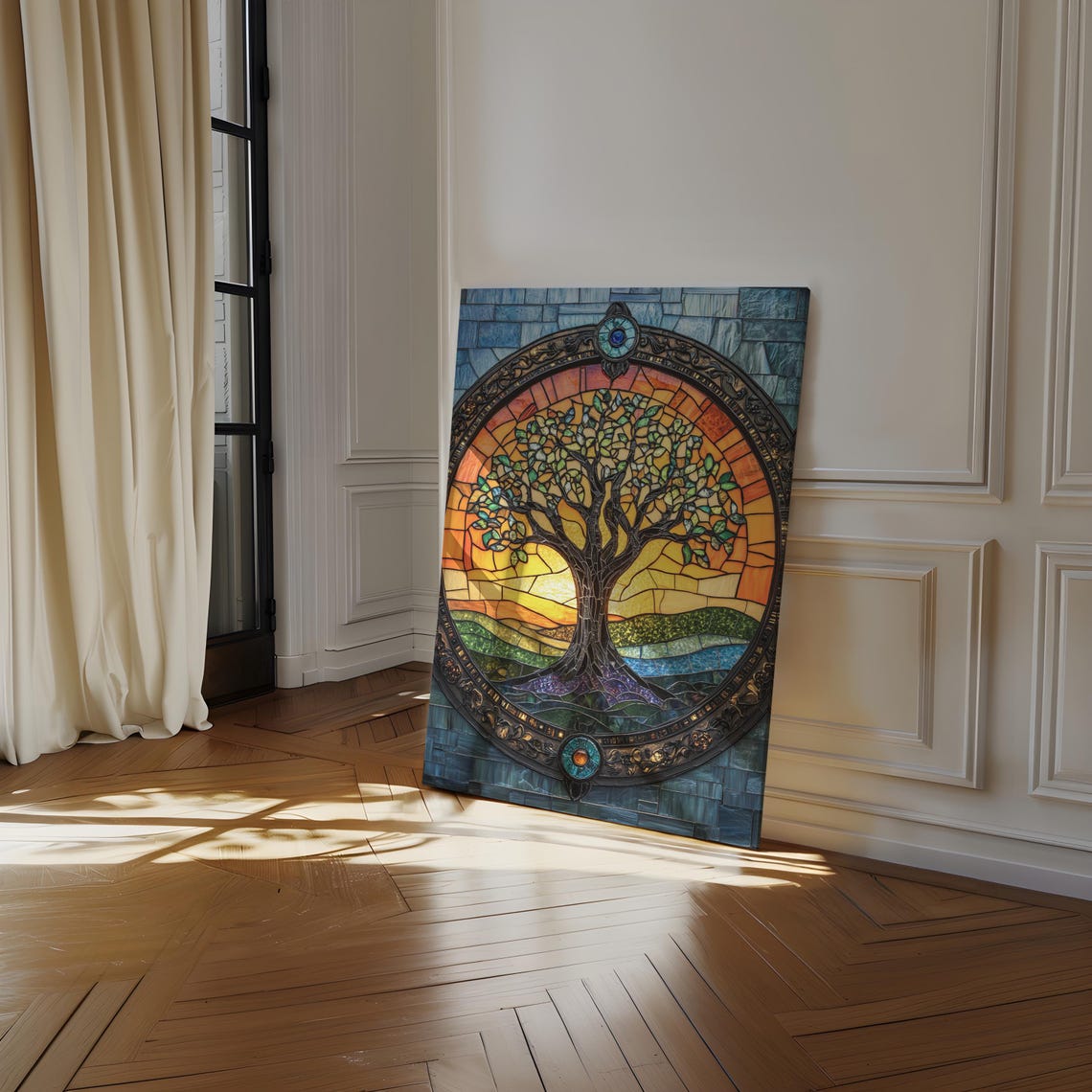 Stained Glass Tree Of Life In Ornate Round Frame Sunset Poster - Image 4