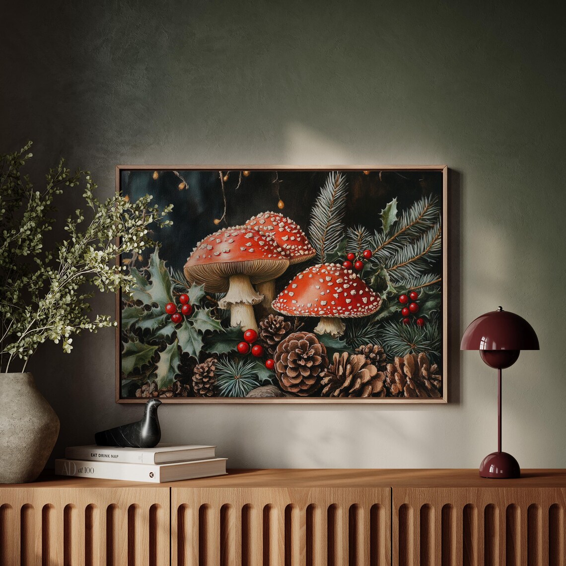 Red Amanita Mushrooms With Holly Pinecones Woodland Holiday Poster - Image 7