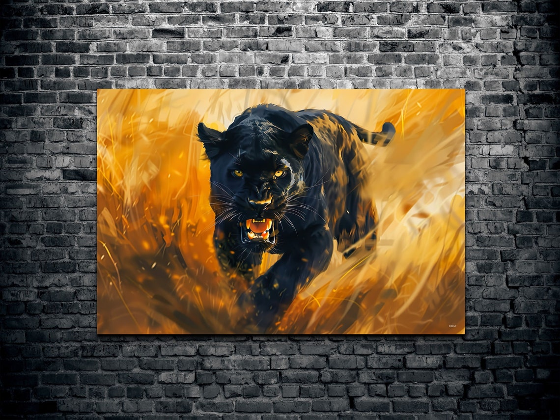 Lunging Black Panther in Golden Light Bold Wildlife Art Poster - Image 3