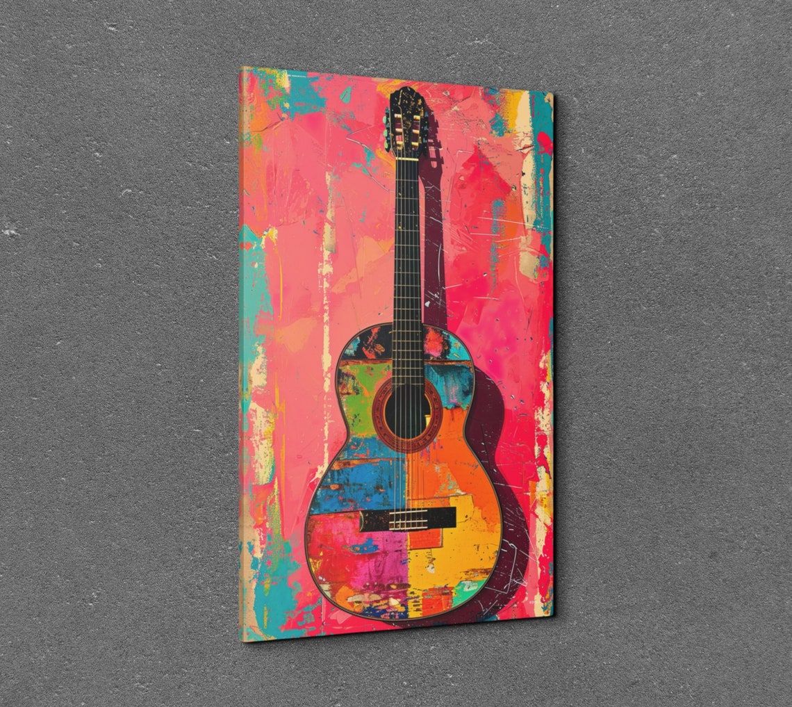 Pop Art Acoustic Guitar Colorful Patchwork Music Decor Wall Art - Image 3