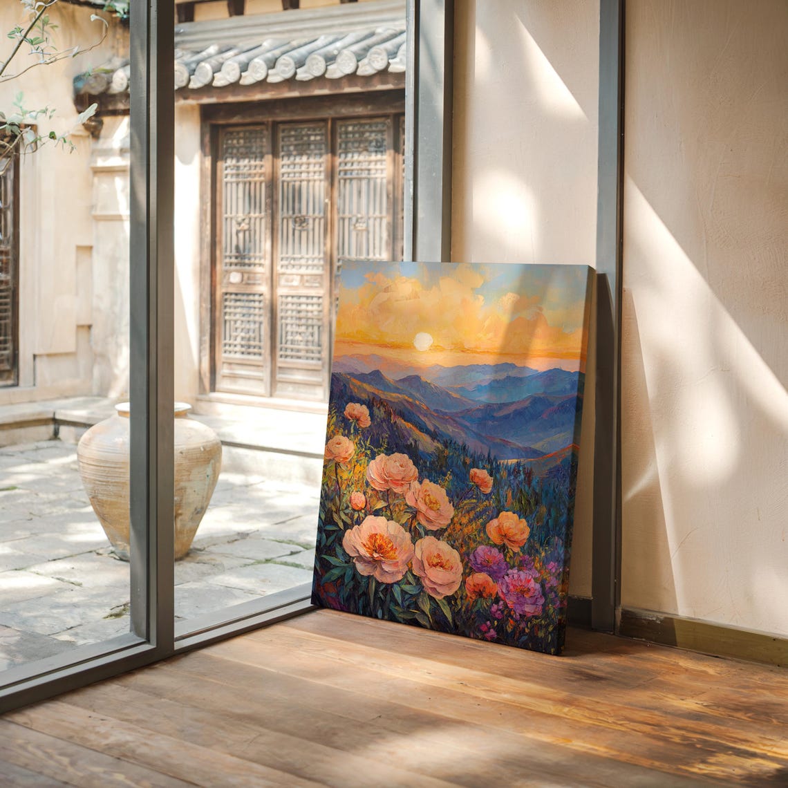 Sunset Mountain Peaks Peach Peonies Blossom Golden Hour Poster - Image 3