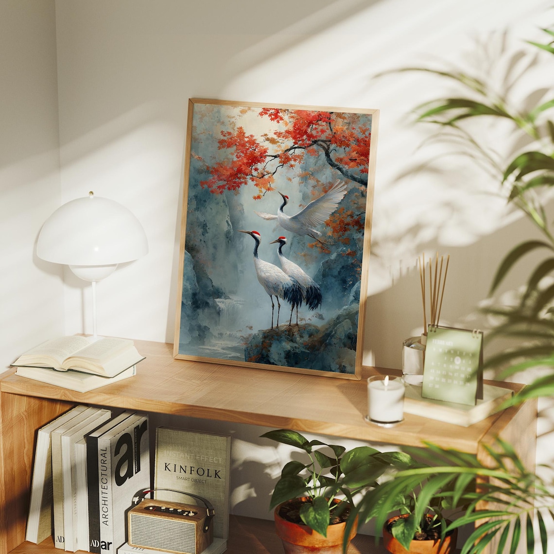 Mist Red Crowned Cranes Under Autumn Maple Watercolor Art Print