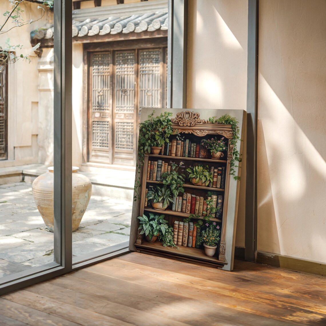 Vintage Carved Bookshelf Filled With Books and Trailing Plants Poster - Image 4