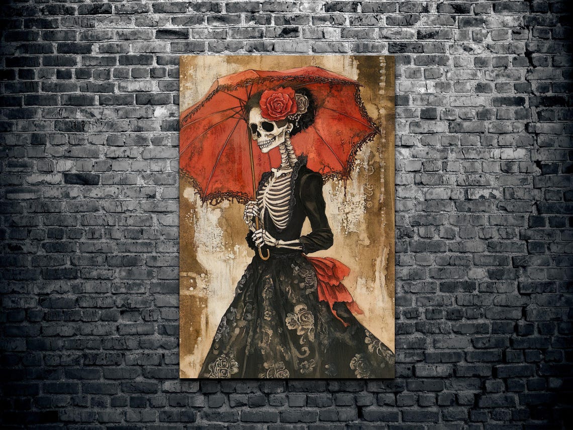 Elegant Skeleton Lady Victorian Gown Red Parasol Gothic Art Poster - Image 2