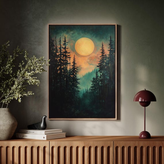 Full Moon Forest Wall Art Enchanted Woodland Landscape Mystical Pines At Night Atmospheric Nature Decor Moonlit Poster Print
