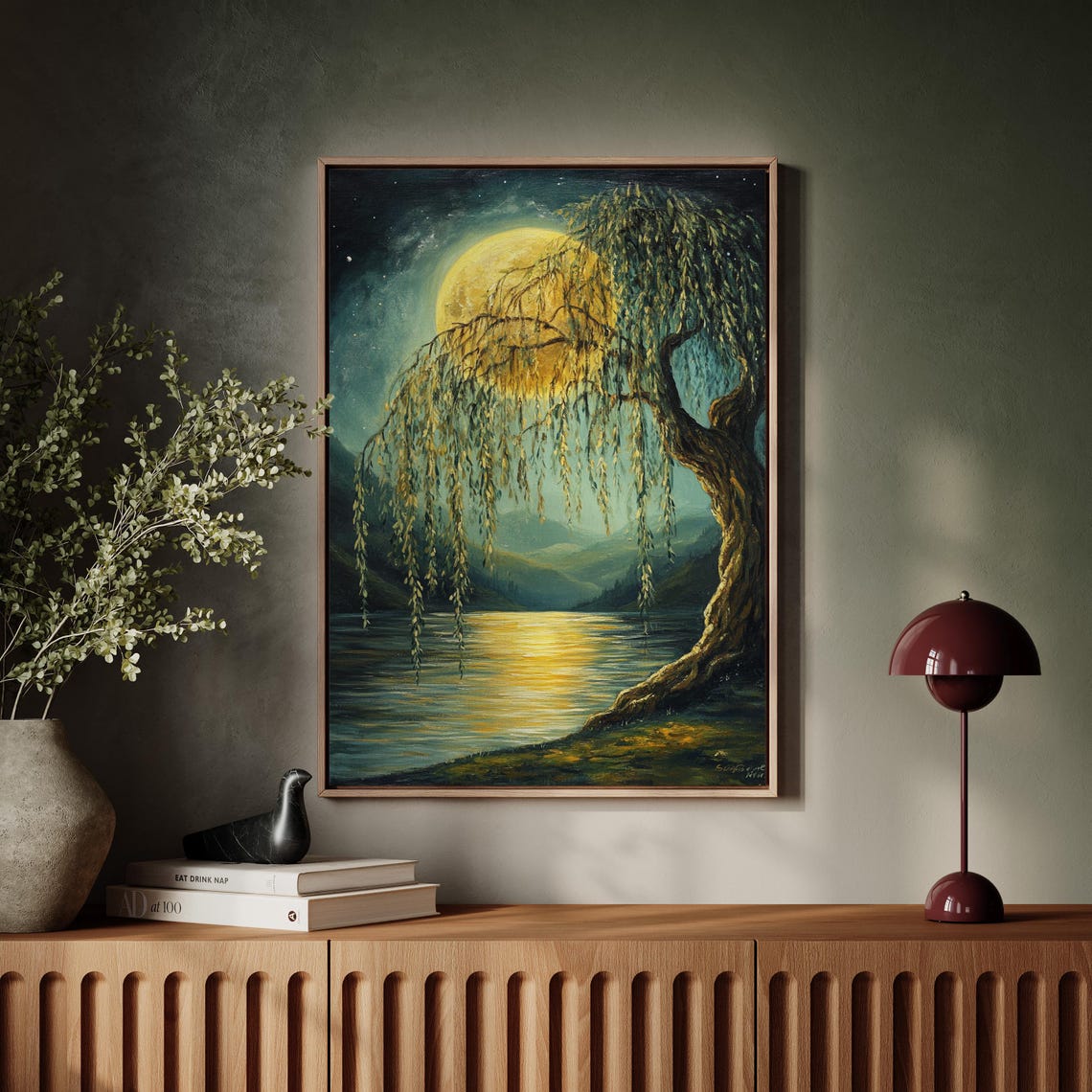 Enchanting Moonlit Willow Tree Serene Nature Art With Glowing Full Moon And Reflective Water Tranquil Wall Decor - Image 7