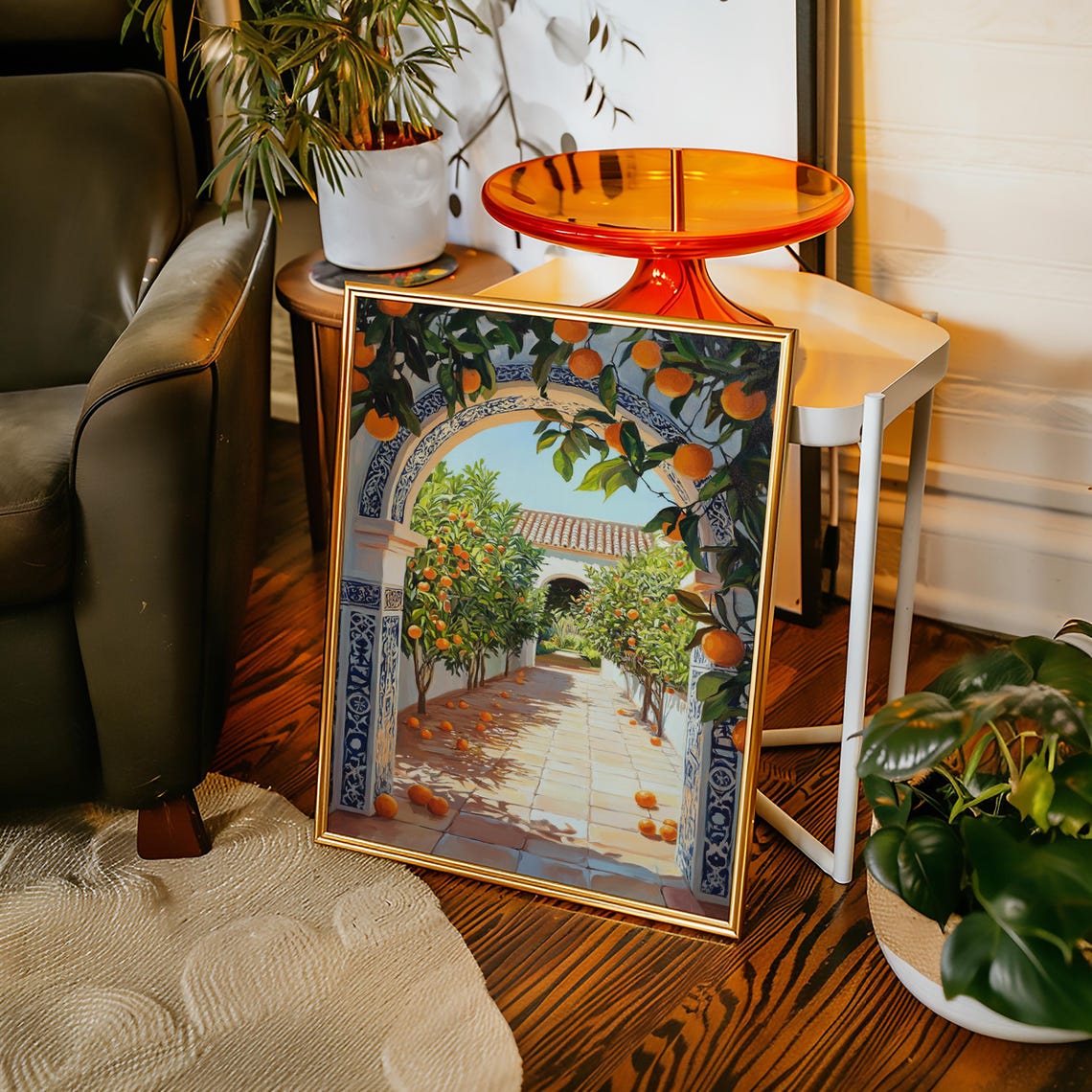 Orange Grove Courtyard Through Blue Tile Archway Mediterranean Poster