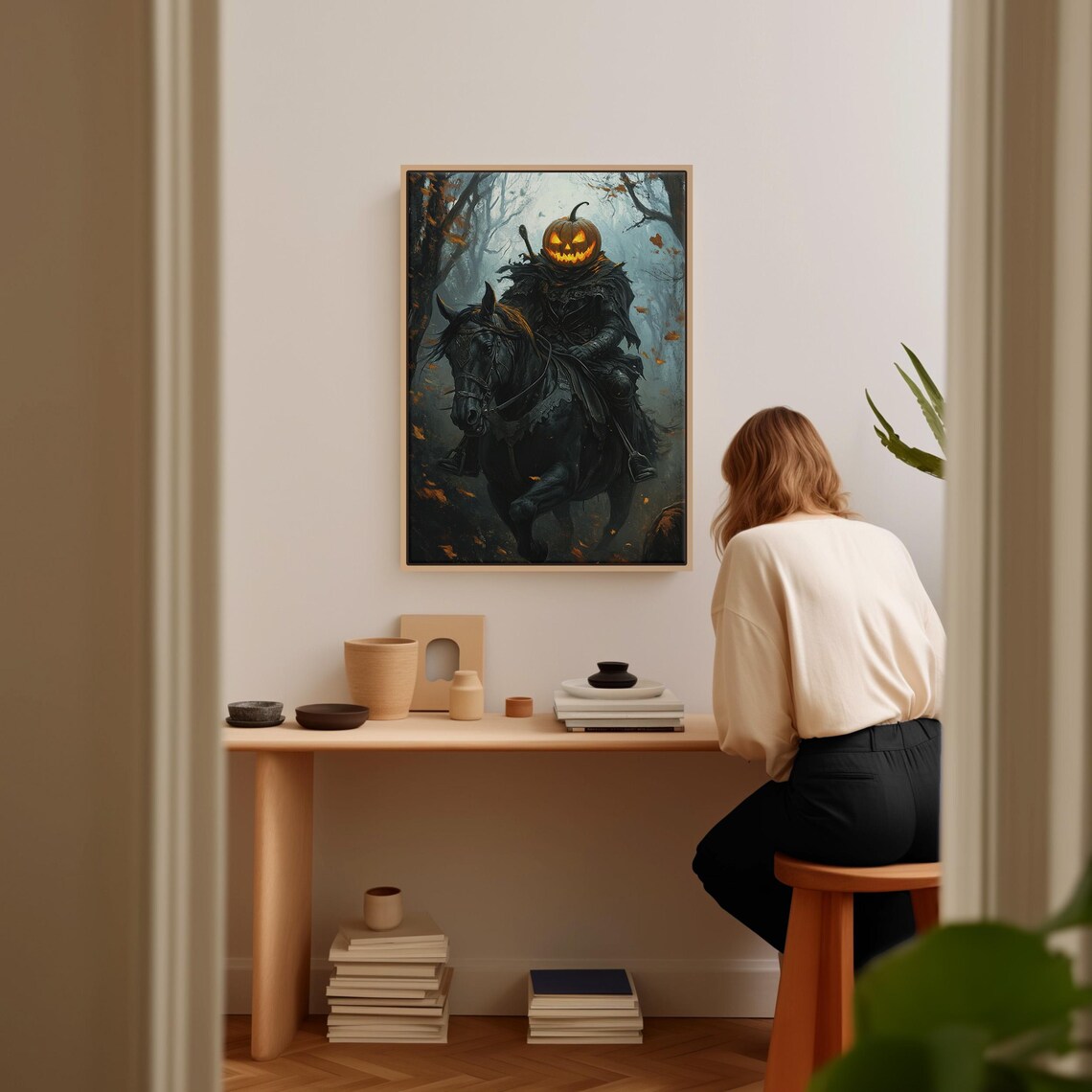 Headless Horseman with Glowing Jack O Lantern Riding Black Horse Art Poster - Image 2