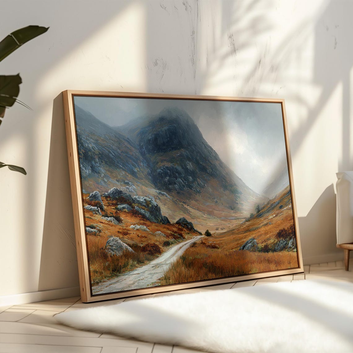 Misty Mountain Valley With Winding Path Rustic Oil Painting Poster