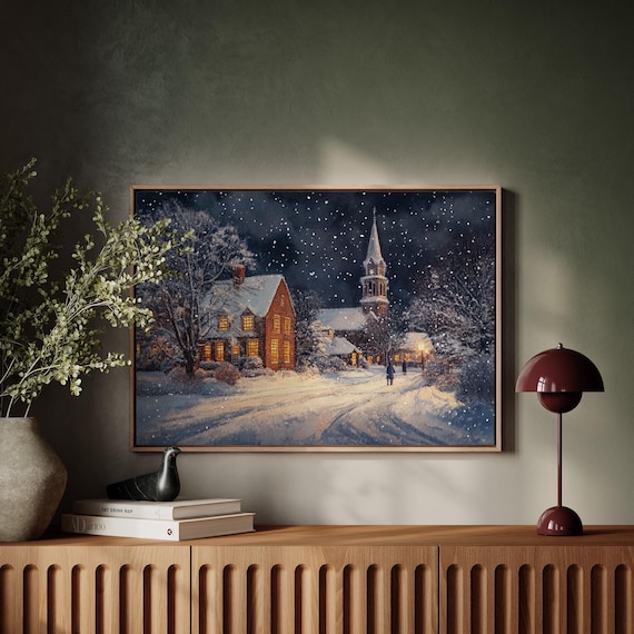 Cozy Winter Village Scene Art Print, Christmas Town