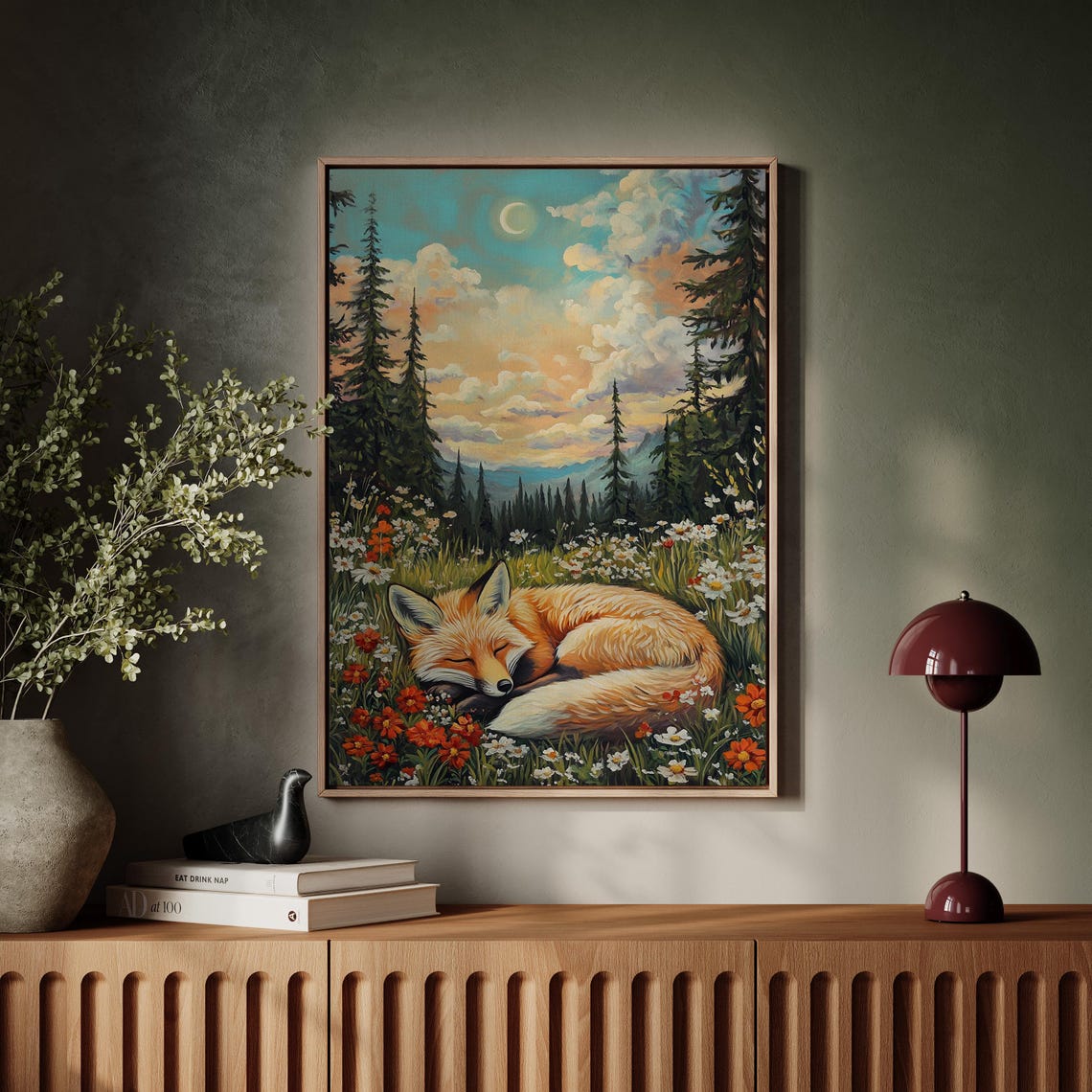 Sleeping Fox In Wildflower Meadow Pine Forest Moonlight Poster - Image 7