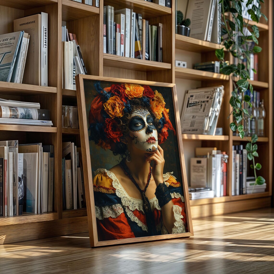 Contemplative Catrina In Bloom Sugar Skull Monochrome Portrait Poster