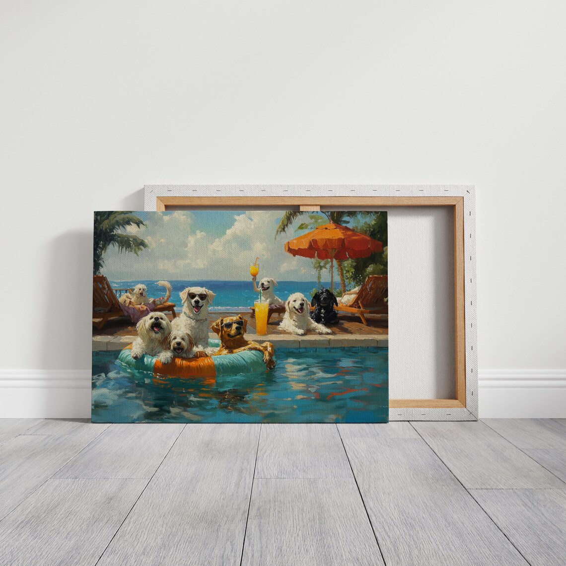 Funny Dogs Pool Party Poodles Floating Tropical Resort Art Poster - Image 3