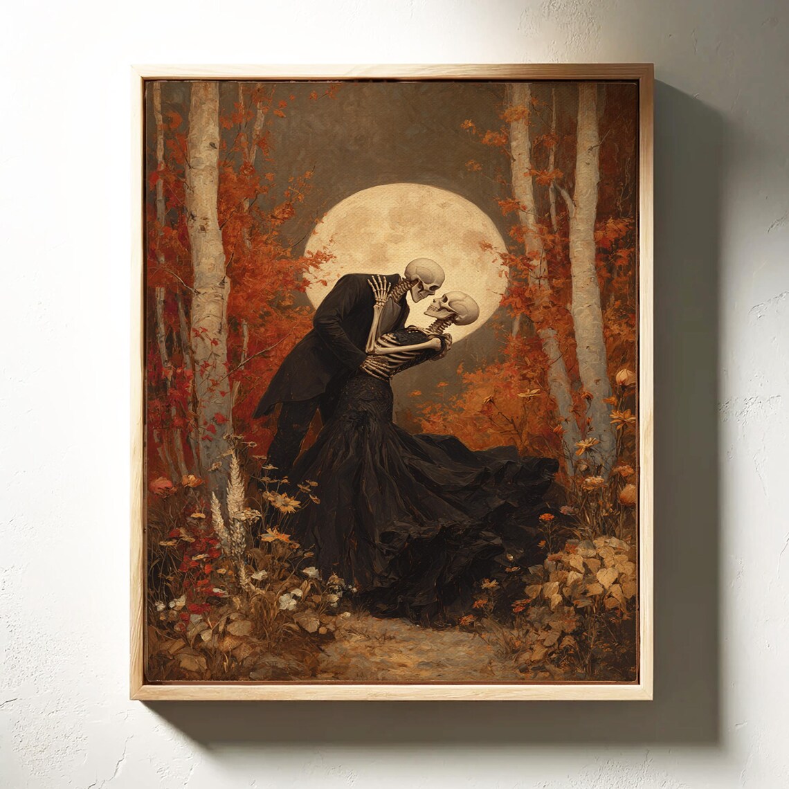 Skeleton Lovers Dancing Before Full Moon Fiery Autumn Forest Gothic Wall Art