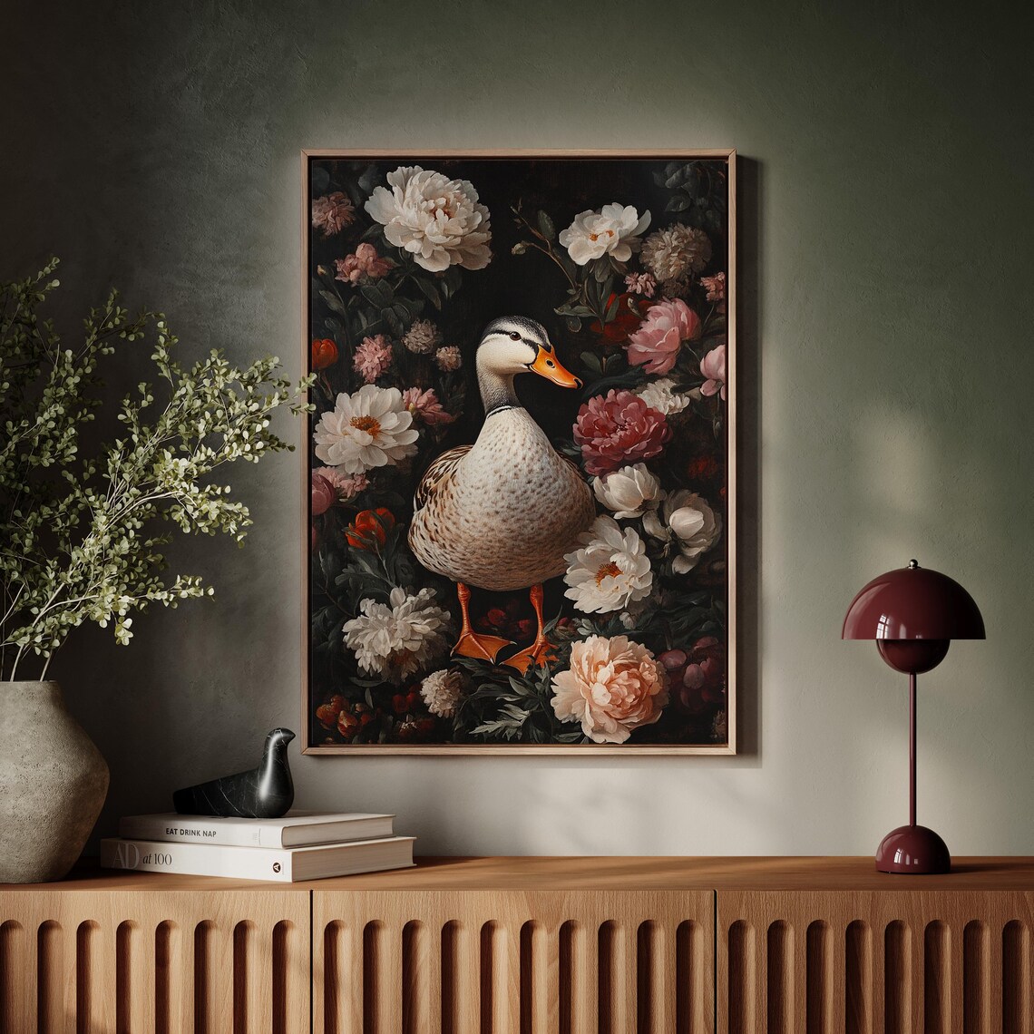 Elegant Duck Among Lush Peonies Dark Vintage Floral Wall Poster - Image 7