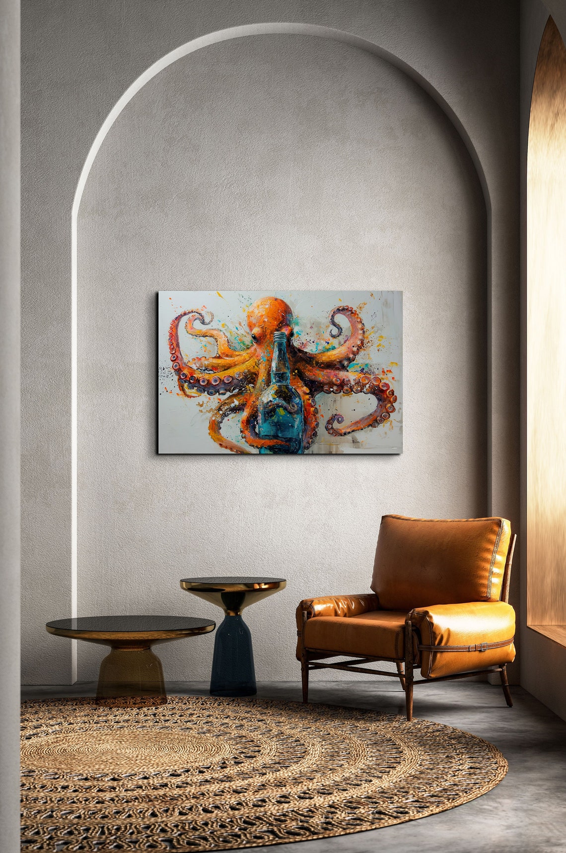 Vibrant Orange Octopus With Blue Bottle Splash Paint Ocean Wall Art - Image 3