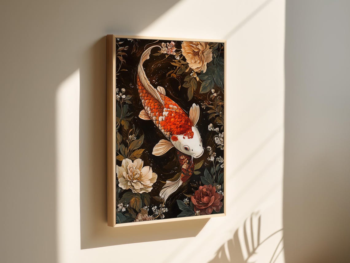 Elegant Koi Fish Red White Peonies Dark Floral Painting Poster - Image 6