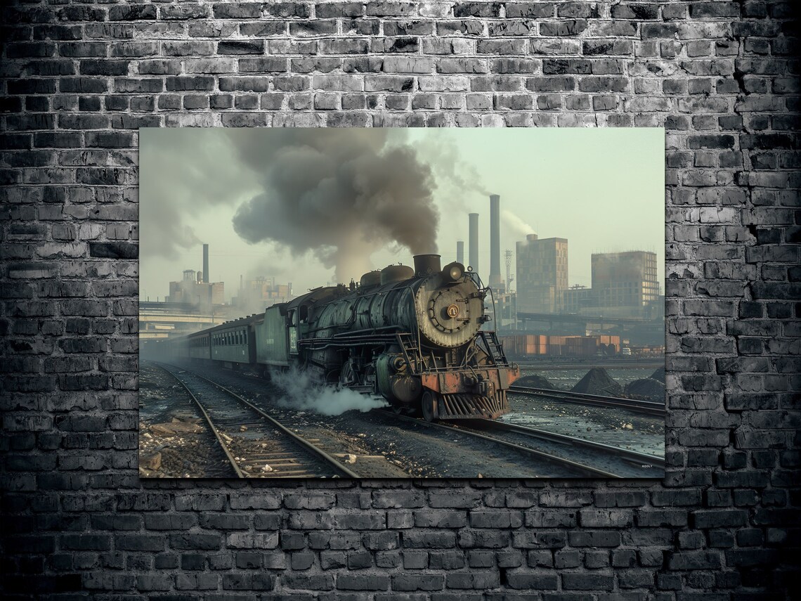 Dark Steam Locomotive Industrial Yard Moody Vintage Train Poster - Image 2