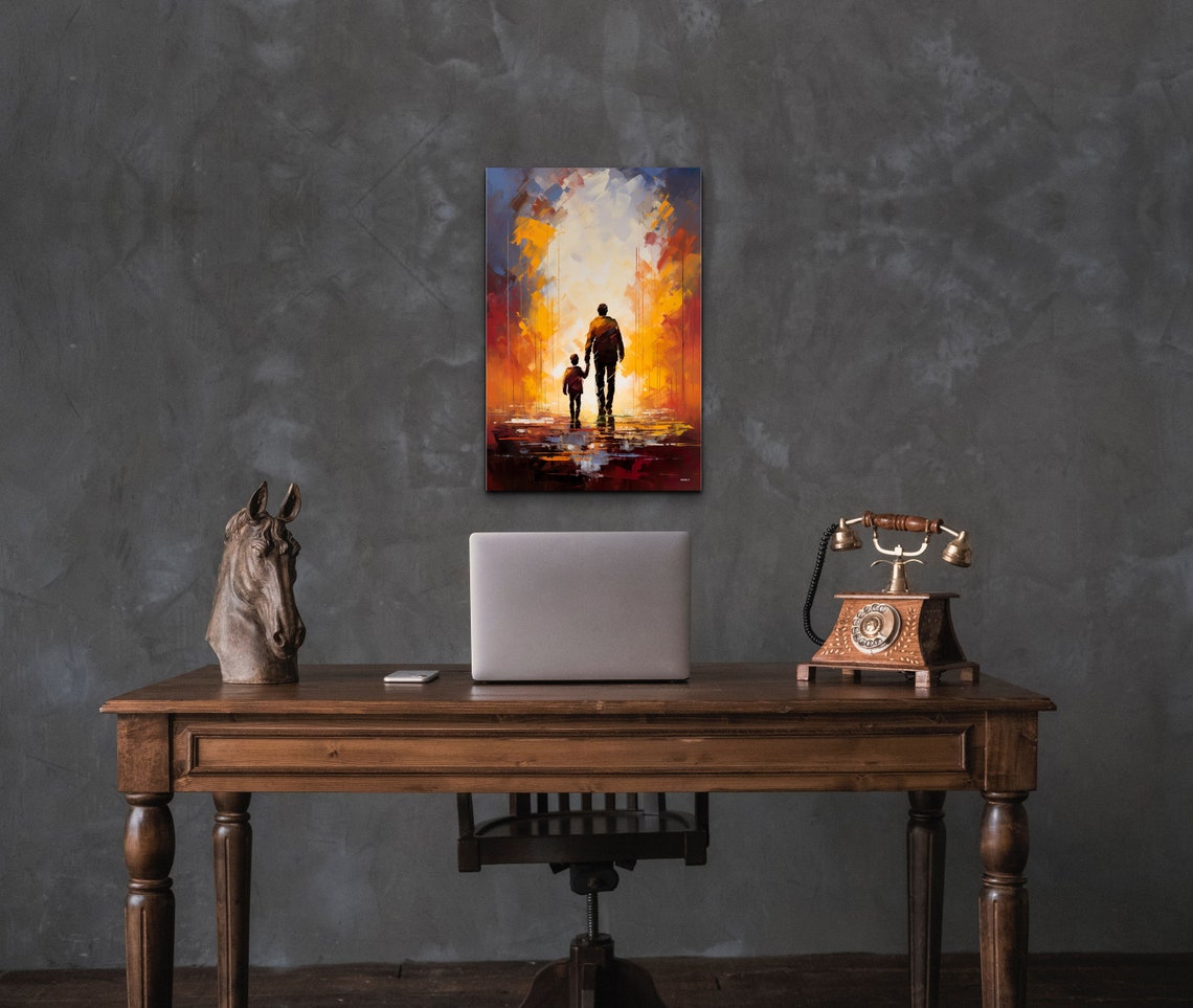 Father And Son Silhouettes Walking In Abstract Watercolor Poster - Image 7