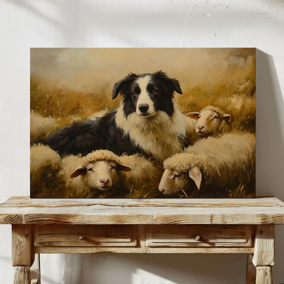 Border Collie And Sheep, Vintage Farmhouse Art Print