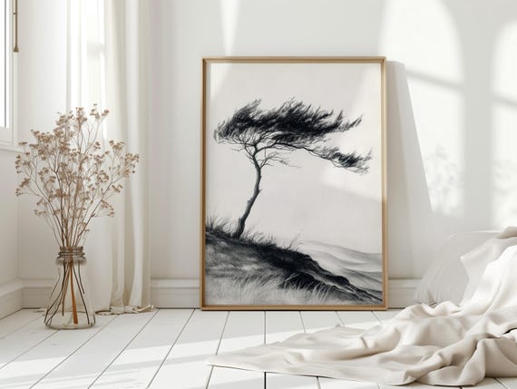 Resilient Tree In Wind Art Minimalist Black And White Drawing Of Natures Strength Modern Monochrome Wall Decor