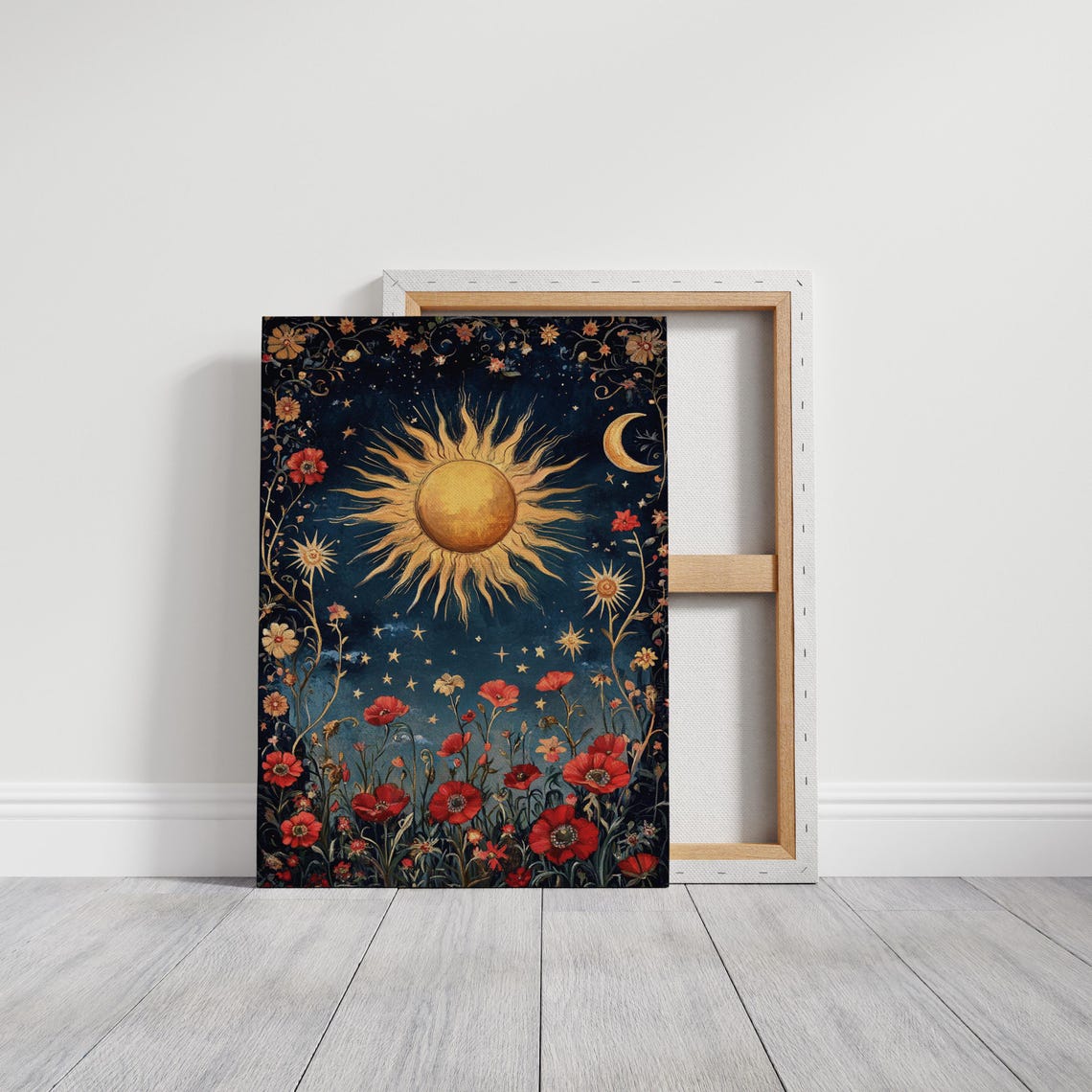 Celestial Sun And Moon With Red Florals On Starry Night Poster - Image 5
