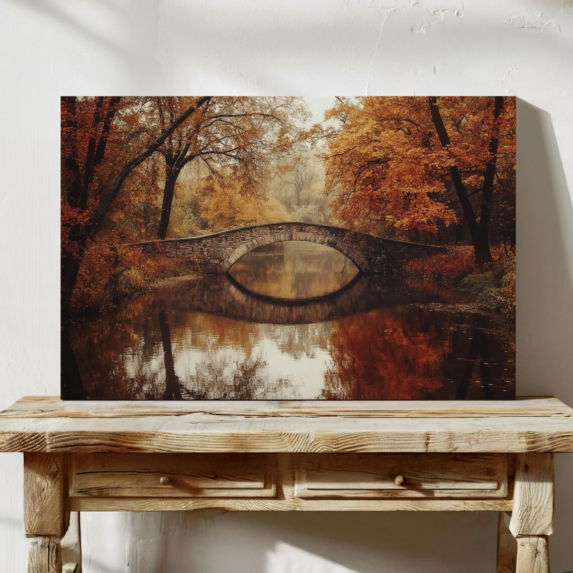 Serene Autumn Bridge, Rustic Forest Landscape Art Print - Image 7