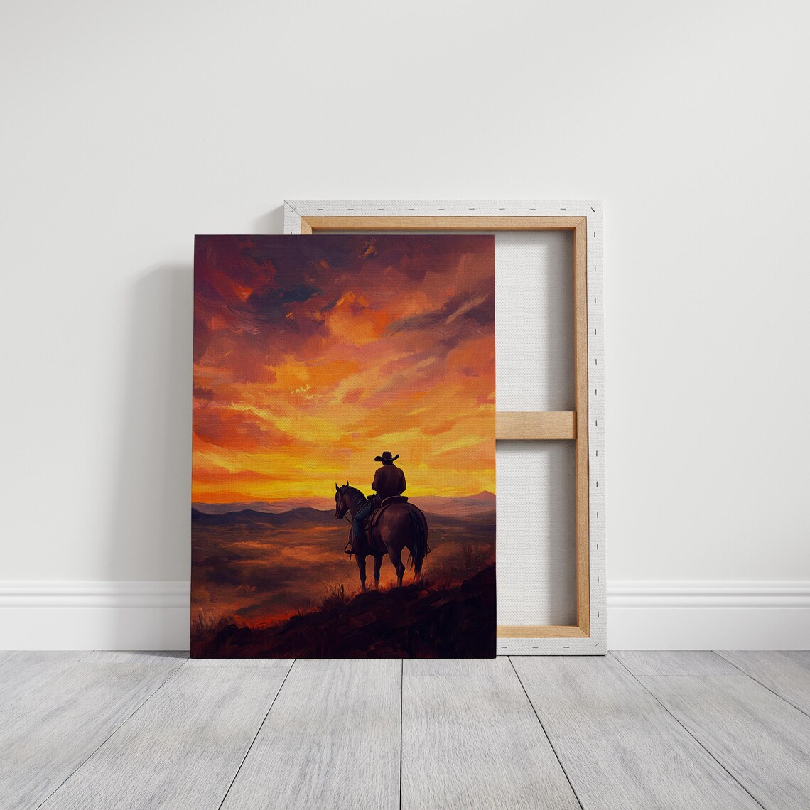 Lone Cowboy on Horseback Beneath a Blazing Sunset Western Poster - Image 2
