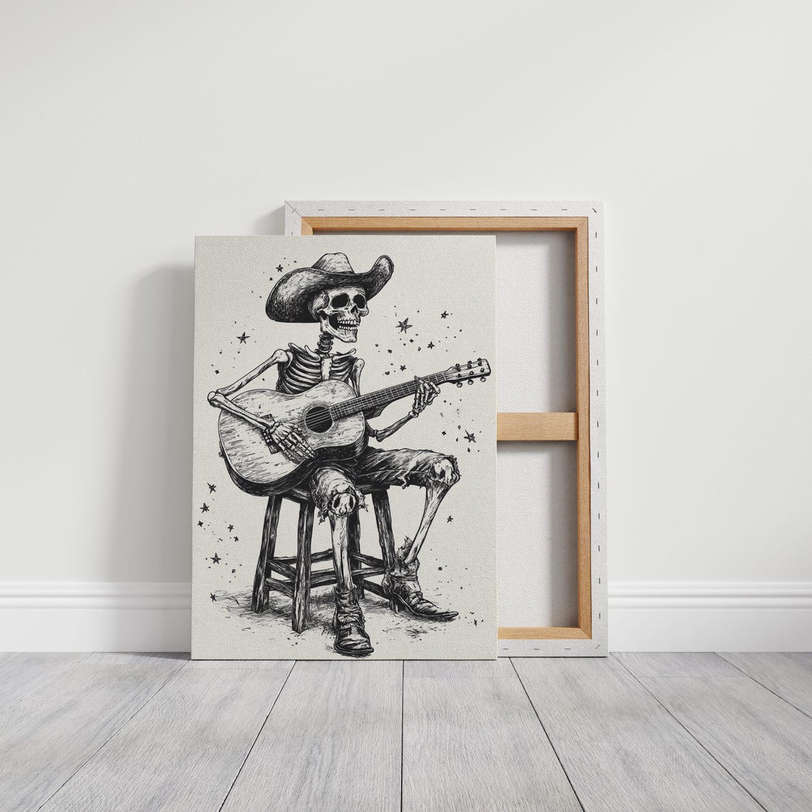 Rustic Cowboy Skeleton Playing Guitar Ink Illustration Wall Art For Western Gothic And Country Music Lovers - Image 3